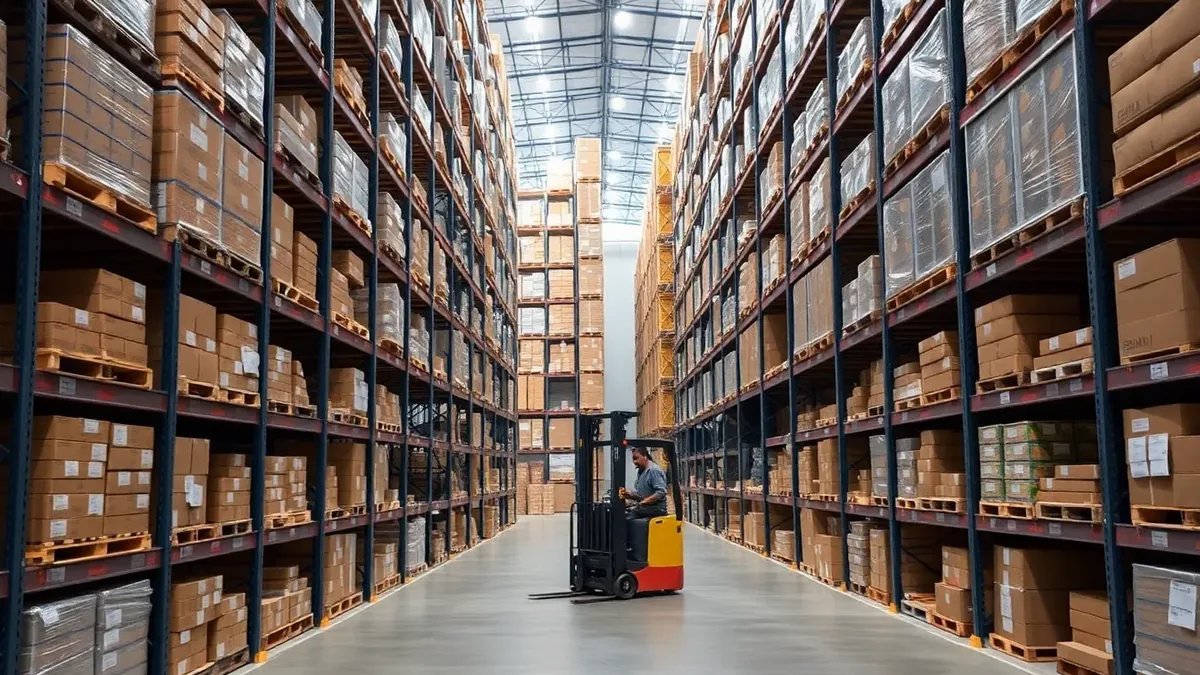Forklift working warehouse racking aisles — Upright Forklift, Houston TX
