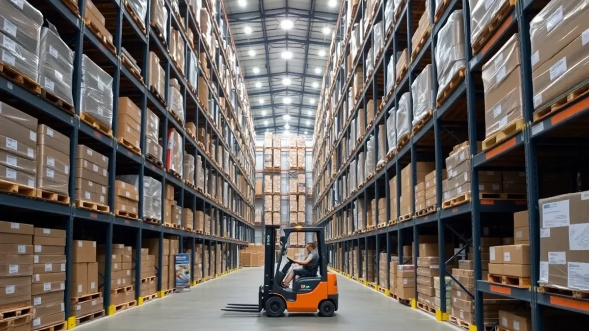 Forklift working warehouse racking aisles — Upright Forklift, Houston TX