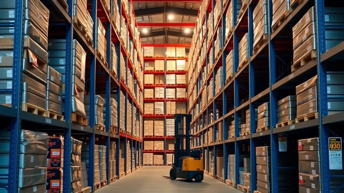 Forklift working warehouse racking aisles — Upright Forklift, Houston TX