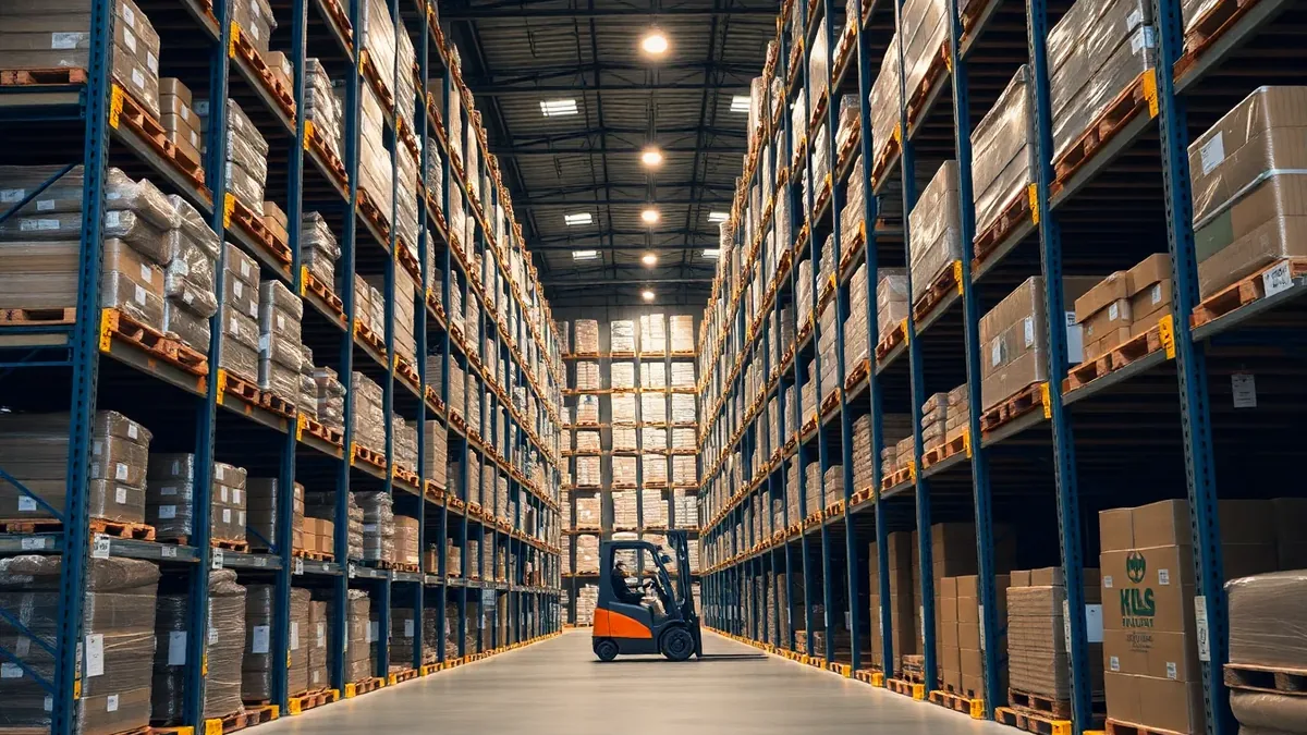 Forklift working warehouse racking aisles — Upright Forklift, Houston TX